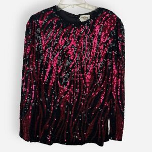 Vintage Oleg‎ Cassini Black Tie Beaded Sequin Silk Top Small Red